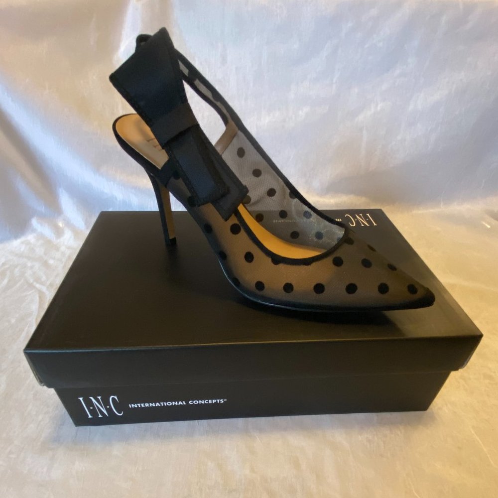 INC Women's Coletta Slingback Pointed Toe Pumps- Black Polka Dot